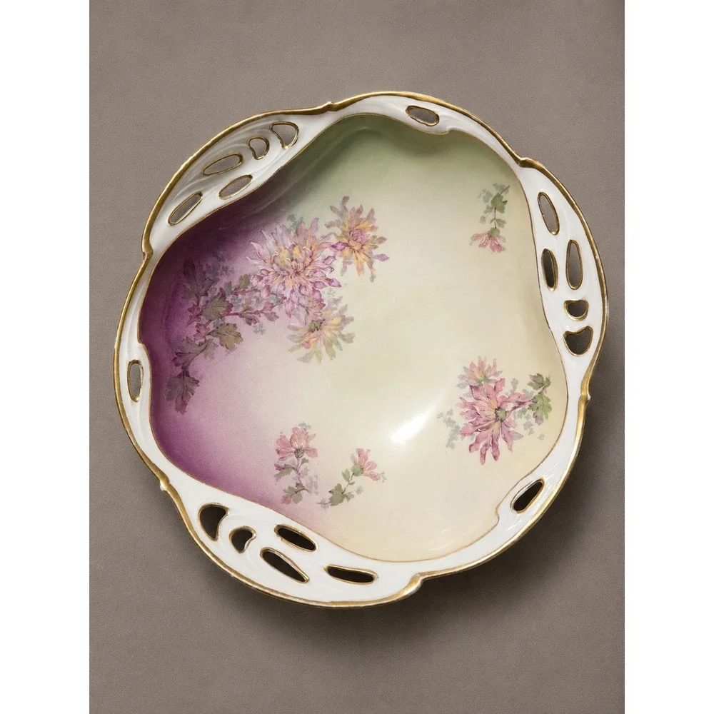 Antique Bavaria R&C Pierced Floral Serving Bowl Gold Trim Hand Painted 10.5